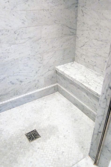 Carrara Marble Bathroom Floor, Mosaic Floor Bathroom, Marble Shower Floor, Small Restroom, Carrara Bathroom, Mosaic Shower Floor, Carrera Marble Bathroom, Shower Marble, Carrara Marble Bathroom