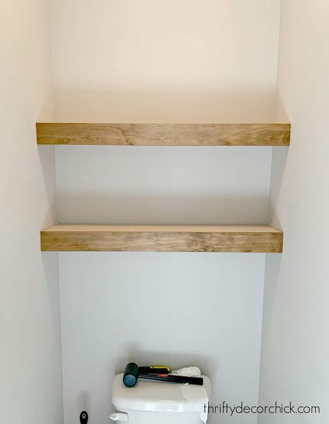 Shelves Behind Toilet, Floating Shelves Over Toilet, Shelves Above The Toilet, Diy Shelves Bathroom, Bathroom Wood Shelves, Shelves Above Toilet, Above Toilet, Shelves Over Toilet, Bathroom Shelves Over Toilet