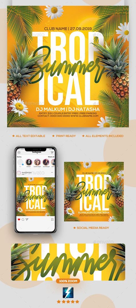 Tropical Summer Party, Summer Party Flyer, Tropical Poster, Food Flyer, Party Logo, Birthday Club, Party Flyer Template, Summer Party Decorations, Festival Flyer