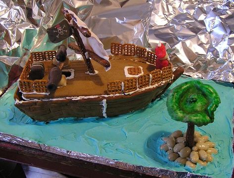 Gingerbread Pirate Ship 2 by celacia on DeviantArt Christmas Showcase, Pirate Birthday Cake, Gingerbread House Designs, Gingerbread House Cookies, Event Menu, Homemade Art, Chocolate Coins, Christmas Arts And Crafts, Gingerbread Recipe