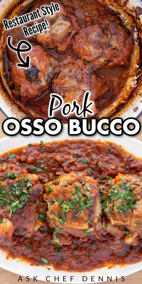 When it comes to comfort food, this pork Osso Bucco from Ask Chef Dennis should be at the top of your list. This amazingly delicious, tender, soul-warming dish is perfect for the colder months but can be enjoyed any time of the year. This recipe features pork shanks made in a delicious tomato-based sauce! The perfect meal! Pork Osso Bucco, Pork Osso Bucco Recipe, Pork Shanks, Osso Bucco Recipe, Pork Shank, Restaurant Style Recipes, New Recipes For Dinner, Osso Bucco, Dish Warmer