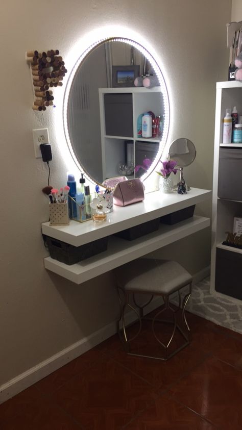 Mirror Wall Decor With Shelves, Makeup Vanity With Mirror On Wall, Homemade Vanity Mirror With Lights, Small Vanity Mirror Ideas, Make Up Mirror Ideas Vanity Area, Circle Mirror Vanity Bedroom, Vanity Ideas Bedroom Small Simple, Led Lights Behind Mirror Bedroom, Circle Vanity Mirror With Lights