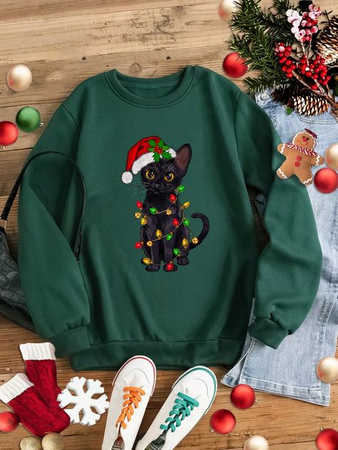 SHEIN LUNE Sudadera Navidad con estampado de gato con forro térmicoHe descubierto los artículos más increíbles en SHEIN.com, ¡ve y echa un vistazo! Disney Christmas Shirts, Holiday Clothing, Animal Christmas, Women Sweatshirts, Holiday Essentials, Christmas Outfits, Fabric Animals, Christmas Cat, Mom Dress