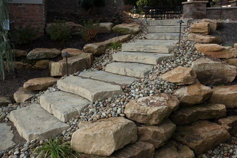 R.I. Lampus Steps Lake Landscaping, Landscape Stairs, Landscape Steps, Stone Steps, Sloped Backyard, Landscaping Retaining Walls, Garden Stairs, Outdoor Steps, Hillside Landscaping