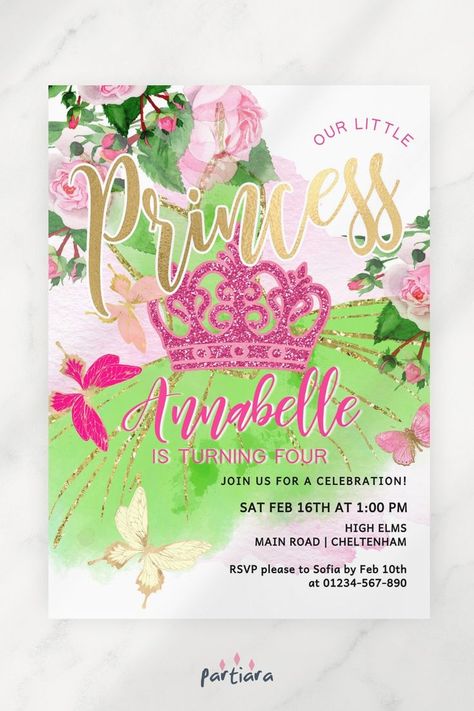 Self-editable 5x7" invite - follow the link for details and free demo! ♦ Easily edit online in your browser then download and print or send digitally ♦ A vibrant green and pink birthday invitation with flowers and butterflies - perfect for a royal garden party ♦ #girlsbirthday #princessbirthdayparty #princessparty #fairytalebirthday #princesspartyideas #girlsbirthday #editableinvitation #printableinvite Princess Invite, Pink Princess Birthday, Fairytale Birthday, Birthday Tea Party, Girls Party Invitations, Princess Birthday Invitations, Tea Party Invitations, Kids Birthday Party Invitations, Butterfly Birthday