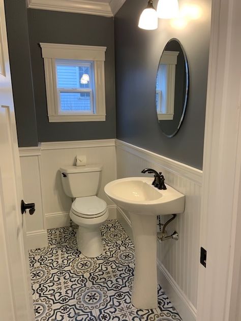 Small Half Bathroom Off Kitchen Layout, Bathroom Waynes Coating Ideas Farmhouse, Chair Rail Half Bathroom, Half Bathroom With Wainscoting, Two Tone Small Bathroom, Two Toned Walls With Chair Rail Bathroom, Half Bath With Wainscotting, Half Bath Chair Rail, Half Bath With Tile Wall