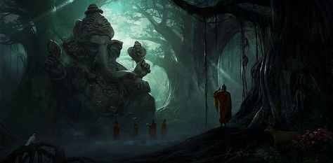 five people standing in front of Ganesha statue in forest digital wallpaper HD wallpaper Arte Ganesha, Abstract Science, Forest People, Wallpaper Sun, Ruined City, Ganesh Wallpaper, Ganesha Statue, Ganesha Art, Ganesha Pictures