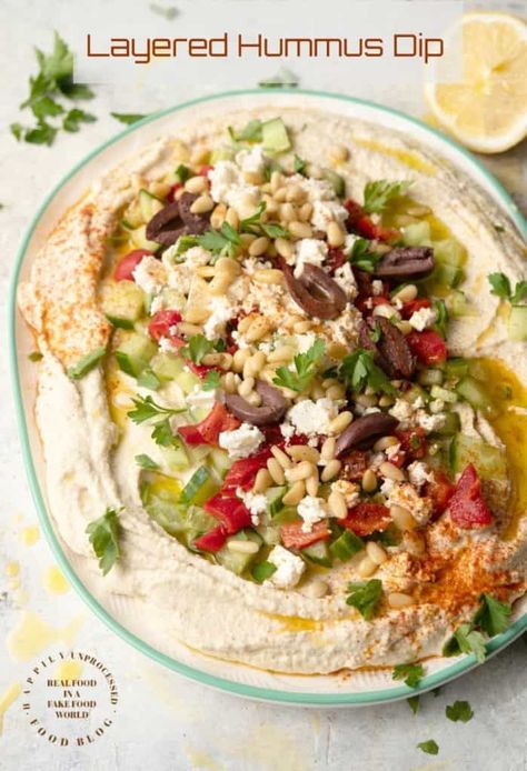 Layered Hummus with Roasted Red Peppers and Feta Cheese - #hummus #greekfood #tahini #chickpeas #healthyappetizers  #Happilyunprocessed Hummus Red Pepper, Tahini Chickpeas, Red Pepper And Feta Dip, Kalamata Olive Hummus, Layered Hummus, Olive Hummus, Loaded Hummus, Greek Chicken Kebabs, Hummus Healthy