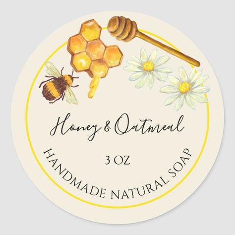 Handmade Soap Sticker Honey and Oatmeal Size: Small, 1½ inch. Gender: unisex. Age Group: adult. Honey Soap Packaging, Soap Sticker Design, Honey Bee Labels, Soap Logo, Bee Soap, Honey Label Design, Soap Packaging Design, Soap Business, Honey Art