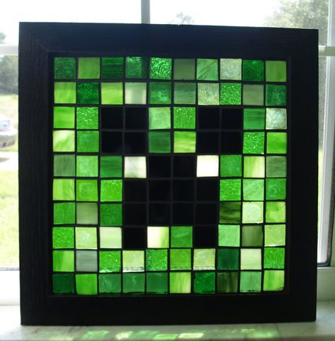 Minecraft Ceeper Minecraft Stained Glass Window, Stained Glass Mosaic Window, Short Curvy, Mosaic Windows, Minecraft Wall, Creeper Minecraft, The Creeper, Fire Flower, Blue Stain