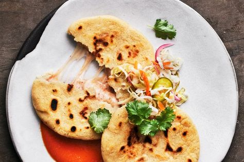 Bean and Cheese Pupusas Vegan Pupusas Recipe, Sides For Pupusas, Bean And Cheese Pupusas, Pupusas With Meat, How To Make Pupusas Recipes, Fermented Cabbage, Corn Cakes, Gooey Cheese, Spinach And Cheese