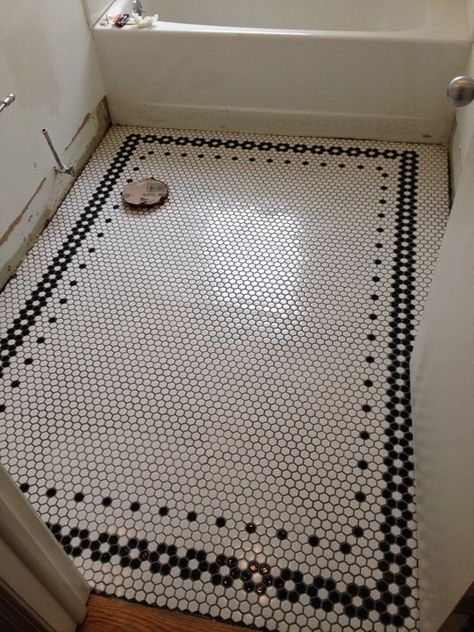 The "Making a 1920s Bathroom Look a Little Vintage Again" Makeover — Reader Rooms: Renovation Project | Apartment Therapy 1920s Bathroom, Makeover Kamar Mandi, Vintage Bathroom Tile, Penny Tile, Interior Vintage, Bad Inspiration, Bath Bathroom, Bathroom Tile Designs, Black And White Tiles