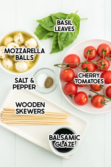 Tomato Skewers Appetizers, Caprese Appetizers Sticks, Easy Caprese Skewers, Mozzarella And Tomato Skewers, Caprese Board Ideas, Ladies Appetizer Party, Basil Tomato Mozzarella Appetizers, Motzerella Balls And Tomatoes Balsamic, Tomato Mozzarella Basil Skewers