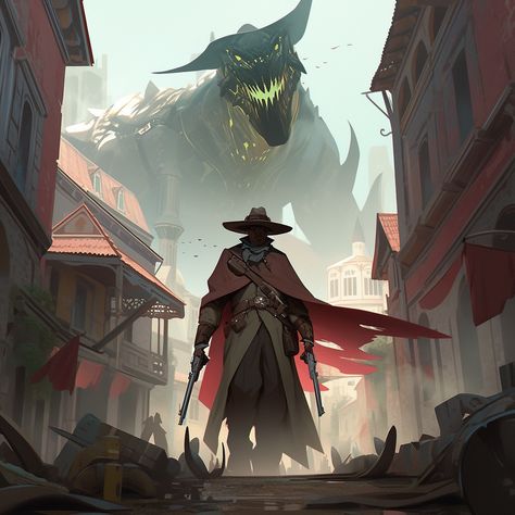 Faceless gunslinger sheriff standing in the center of an old Western town road with a massive gargantuan beast in the background wearing a large comboy hat. Western Scenes Art, Sheriff Concept Art, Cowboys Concept Art, Old West Fantasy Art, Magic Cowboy Art, Fantasy Western Aesthetic, Fantasy Sheriff, Fantasy Western Art, Wild West Fantasy Art