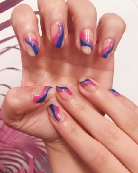 Nail Pride Designs, Pride Short Nails Designs, Bi Nails Designs, Pride Nails Aesthetic, Subtle Bi Pride Nails, Short Pride Nail, Bisexual Nail Designs, Pride Nails Bisexual, Bisexual Flag Nails