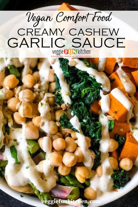 This creamy garlic sauce with cashews is the perfect topping to drizzle on veggies, pizza, or soup. It’s vegan; so you can be sure it’s dairy-free as well. What I have learned in my vegan culinary journey, is that the sauce is everything! Have a bowl of vegetables you don’t know what to do with? Add a sauce. Plain baked potato? Add a sauce. Need to spice up some soup? That’s right…just top with sauce! | Veggie Fun Kitchen @veggiefunkitchen #vegansaucerecipes #vegansauce #veggiefunkitchen Veggies With Sauce, Creamy Vegan Sauce, Vegan Creamy Garlic Sauce, Cashew Garlic Sauce, Roasted Veggies Sauce, Creamy Cashew Sauce, Easy Vegan Sauces, Cashew Sauce Vegan, Vegan Sauces For Bowls