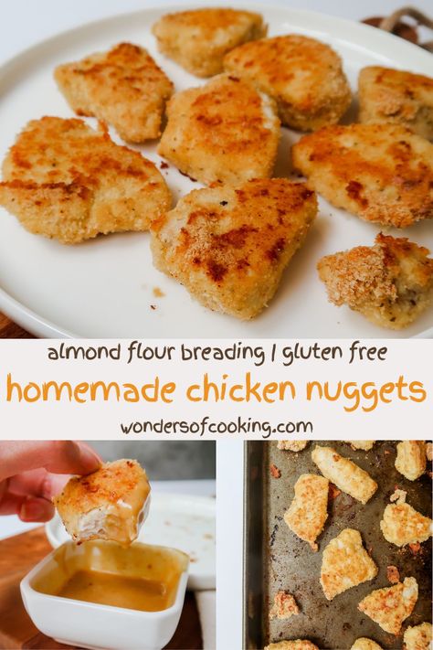 Making Homemade Chicken Nuggets is easier than you think.

Chopped chicken breasts are breaded in an almond flour and herb mixture, then baked in the oven on both sides until golden brown. That’s right – not only is this recipe naturally gluten-free and healthier-for-you, but you don’t even have to stand by a fryer because the oven does all the work.

I served these with my Copycat Chick-Fil-A Sauce recipe. It’s a seriously perfect match. Gluten Free Breading For Chicken, Almond Flour Chicken Nuggets, Gluten Free Chicken Nuggets, Healthy Chicken Nuggets, Almond Flour Bread, Baked Chicken Nuggets, Chick Fil A Sauce, Homemade Chicken Nuggets, Baking With Almond Flour