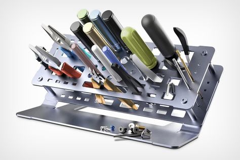 Simple Sheet Metal Tool Rack lets you easily store and access Workshop Gear for DIY Projects - Yanko Design Screw Driver Storage, Small Tool Storage, Screwdriver Storage, Tool Shelf, Workbench Organization, Portable Tool Box, Sheet Metal Tools, Tool Rack, Tool Box Storage