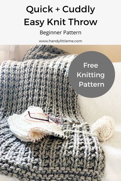 Easy squishy knit throw blanket pattern - great for any beginner knitters this will introduce you to the broken rib stitch. Throw Knitting Pattern, Knit Throw Blanket Pattern, Knitting Blankets, Throw Blanket Pattern, Knit Blankets, Easy Knitting Projects, Beginner Knitting Patterns, Easy Knit, Knitted Blanket