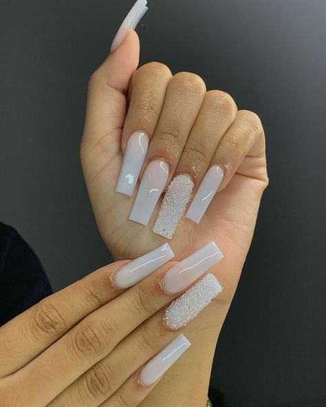 Nails With Pixie Crystals, Pixie Crystal Nails, Glittery Acrylic Nails, Baddies Nails, Birthday Nails Ideas, Nail Suggestions, Overlay Ideas, Acrylic Overlay, 4a Natural Hair