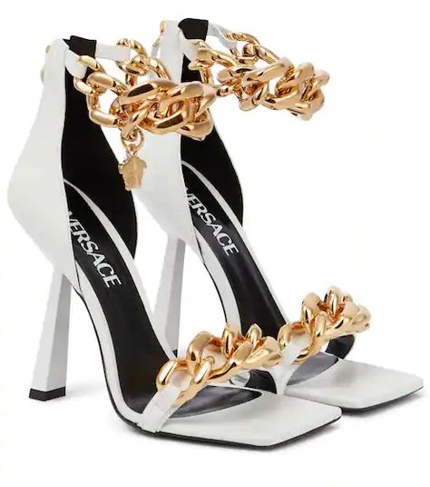 Designer Bridal Shoes | Mytheresa Versace Heels, Versace Chain, Casual High Heels, Versace Shoes, Girly Shoes, Womens Shoes High Heels, Leather High Heels, Slipper Sandals, Carrie Bradshaw