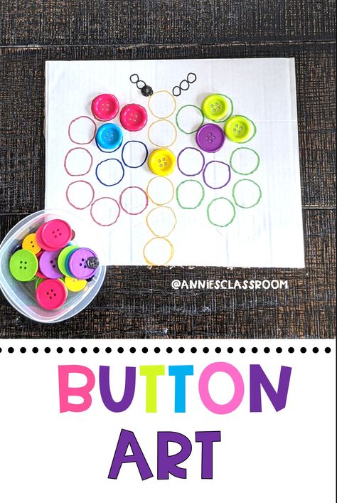 Create DIY Kids button art using recycled cardboard and buttons! Children play a matching game where they match the colors of the buttons to the circles on the cardboard! Great color matching game for preschoolers! #diykidsactivity #buttonart #preschoolactivities Button Activities For Preschool, Subitizing Activities, Game For Preschoolers, Lemon Crafts, Reggio Inspired Classrooms, Subtraction Activities, Elementary Learning, Circle Game, Pattern Activities