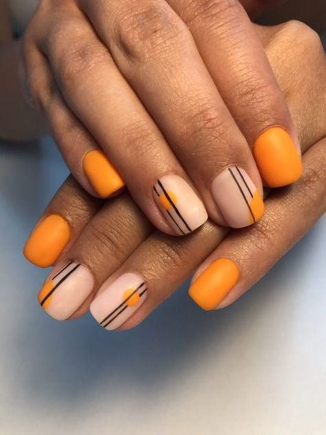 Fall Nail Colors Brown 24 Ideas: Embrace the Warmth of Autumn Orange Grey Nails, Orange Geometric Nails, Orange Nail Art Summer, Milky Orange Nails, Short Orange Nail Designs, Orange Manicure Ideas, Fall Nail Colors Orange, Orange Yellow Nails, Yellow And Orange Nails