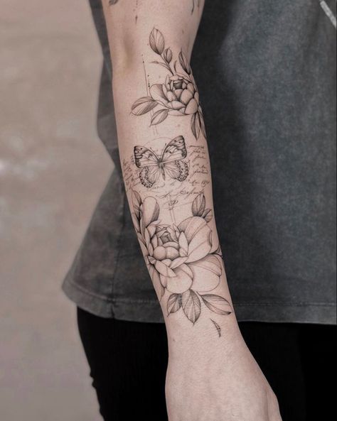 Women Back Of Arm Tattoo, Flower Tattoo Fillers Sleeve, Flowers And Butterfly Arm Tattoo, Floral Arm Tattoo With Butterfly, Forearm Women’s Tattoos, Memorial Tattoo Designs For Women, Geometric Floral Tattoo, Fine Line Floral Tattoo Sleeve, Whimsical Tattoo Sleeve