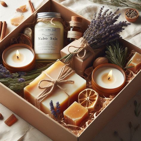 Handmade Soap and Candle Combos: Pairing luxury handmade soap with candles for the ultimate gift. Spa Gift Wrapping Ideas, Wrapping Candles For Gifts, Soap Gift Box Ideas, Christmas Soap Diy, Luxury Ayurveda, Candle Hampers, Luxury Soap Packaging, Spa Kit Gift, Candle Packing