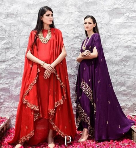 Cape Dress Indian, Red Cape Dress, Plain Suits, Indowestern Dresses, Cape Dresses, Satin Silk Dress, Western Gown, Indo Western Gown, Western Clothes