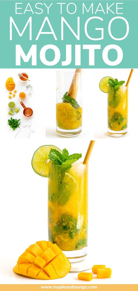 Love mangos? Love mojitos? If you said yes to both then this Mango Mojito recipe is the cocktail for you! A classic mojito with a fun tropical twist – this mango infused version is super refreshing and perfect for summer! It's also super easy to turn into a mocktail or a pitcher. | www.mapleandmango.com Mango Mojito Mocktail, Mango Mojito Recipe, Mango Sangria, Classic Mojito, Mojito Mocktail, Mango Mojito, Bbq Dishes, Mango Pulp, Mojito Recipe