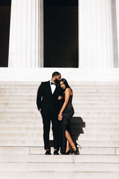 Black Couples Engagement Pictures Formal, Power Couple Wedding Photos, Glamour Engagement Shoot, Sophisticated Couple Photoshoot, Black Dress Engagement Photos Classy, City Engagement Photos Black Couple, Engagement Shoot Black Couple, Courthouse Wedding Photos Black Couple, Engagement Photos Black Outfits