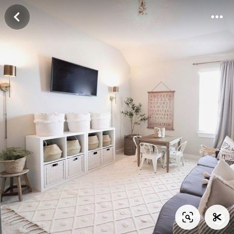 Small Living Room And Kids Play Area, Playroom With Cube Storage, Kids Living Room Play Area, Tv In Playroom, Cube Storage Playroom, Playroom Living Room, Playroom With Tv, Small Apartment With Kids, Play Space In Living Room