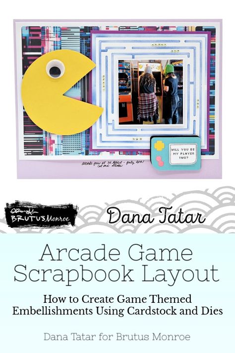 Pacman inspired arcade game scrapbook layout created with the Gamer Bundle from Brutus Monroe which includes paper, washi, stamps, dies, and stencils. Mixed Media Stencils, Arcade Game, Vintage Games, Scrapbook Layout, Patterned Paper, Arcade Games, Game Character, Game Design, Washi