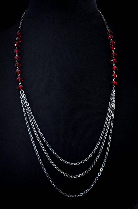 Red necklace with layered chain Swarovski siam red crystal | Etsy Chain Layered Necklace, Crystal Teardrop Earrings, Holiday Necklace, Light Chain, Layered Chain, Red Necklace, Handmade Jewelry Diy, Red Crystals, Layered Necklace