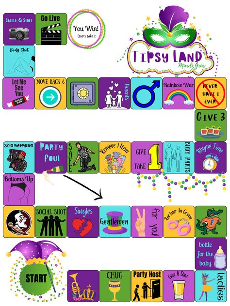 Digital Download Drinking Game, Tipsy Land Mardi Gras Edition. You Can Request Any Theme By Contacting Beyond Design. Tipsy Land, Beyond Design, Drinking Game, Drinking Party, Body Shots, Drinking Games, Game Board, Host A Party, Baby Party