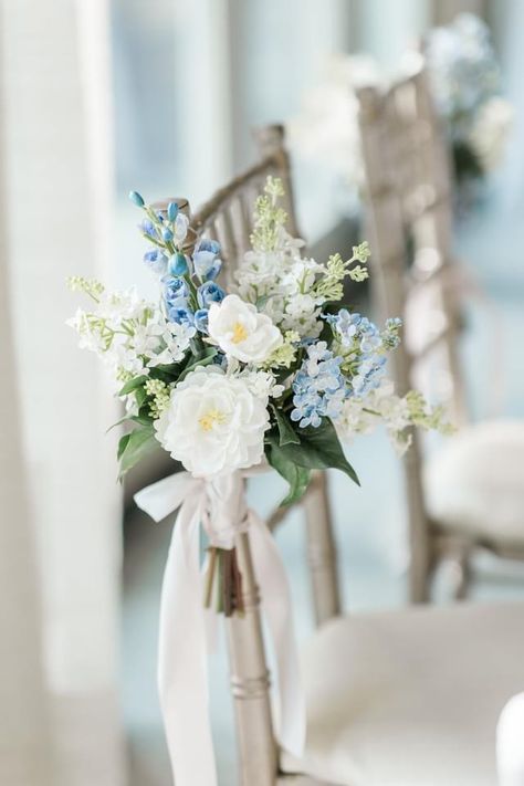 Blue And White Wedding Ceremony Flowers, Dusty Blue And White Bridal Bouquet, French Blue Wedding Flowers, Blue And White Ceremony Flowers, Isle Decorations Wedding Church, Blue And White Aisle Flowers, Light Blue Floral Wedding, Wedding Blue Hydrangeas, Wedding Floral Arch Outdoor