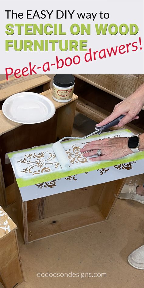 Try adding a stencil on wood furniture, especially to the drawer sides, to give it that peek-boo pattern as a surprise detail—simple DIY. Diy Stencil On Wood, Stenciling Dresser Drawers, Dresser Drawer Stencil Ideas, Stenciled Drawer Sides, Stenciled Furniture Diy Wood, Paint Stencils For Furniture, Stencil Painting On Wood, Best Way To Stencil On Wood, Stenciled Dresser Drawers