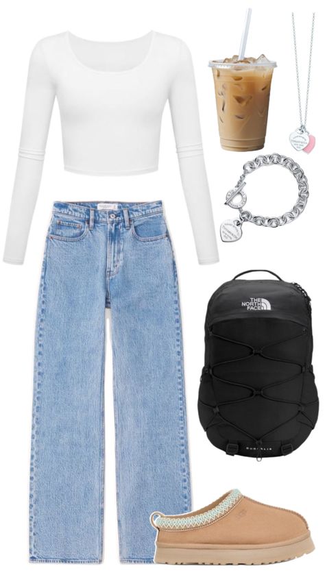 Fall and winter outfit inspo for school - jeans outfit and white long sleeve outfit inspo - silver it girl jewelry White Top And Jeans Outfit, It Girl Jewelry, School Jeans Outfit, White Long Sleeve Outfit, Light Blue Jeans Outfit, Outfit Inspo For School, School Jeans, Long Sleeve Outfit, Converse Outfit