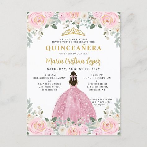 Blush Pink Gold Floral Princess Tiara Quinceañera Invitation Pink Quinceanera Invitations Template, Pink Quince Invitations Template, Pink Quinceanera Invitations, Quinceanera Invitation Template, Quinceñera Invitations, Quinceanera Dresses Blush, Cinderella Wedding Invitations, Pink Quinceanera, Quinceanera Pink