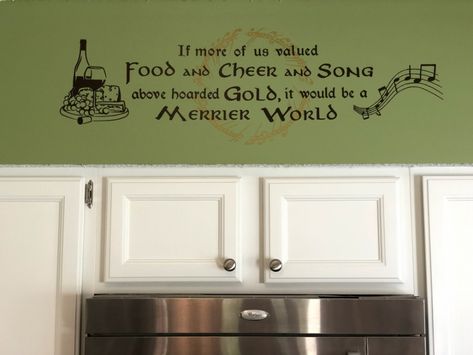 We love Tolkien and his amazing LOTR and Hobbit books so I created this wall decal with my Cricut for our kitchen. Lotr Decor Interiors, Lotr Kitchen, Hobbit Kitchen, Bnb Decor, Chalet Kitchen, Hobbit Holes, Hobbit Book, Magical House, Kitchen Wall Decals