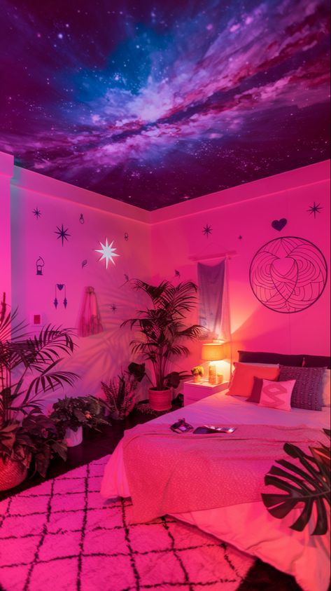 A photo of a cosmic bedroom with a warm, romantic atmosphere. The room is illuminated by the glow of a vast starry sky. The walls are painted a deep blue, resembling the night sky. There are stars, hearts, and nature symbols painted on the wall. The room has a comfortable bed, a nightstand, and a soft rug. #inspohome #homedesign #home #bohochic #starry #aestheticroom  #aesthetic #romanticbedroomideas #vibesandfeels #bedroominspirationsmaster #cozybedroomdecoratingideasdiy Girly Girl Bedroom, Cosmic Bedroom, Girl Bedroom Aesthetic, Vibey Bedroom Ideas, Vibey Bedroom, Bedroom Girly, Bedroom Inspirations Master, Nature Symbols, Comfortable Bed