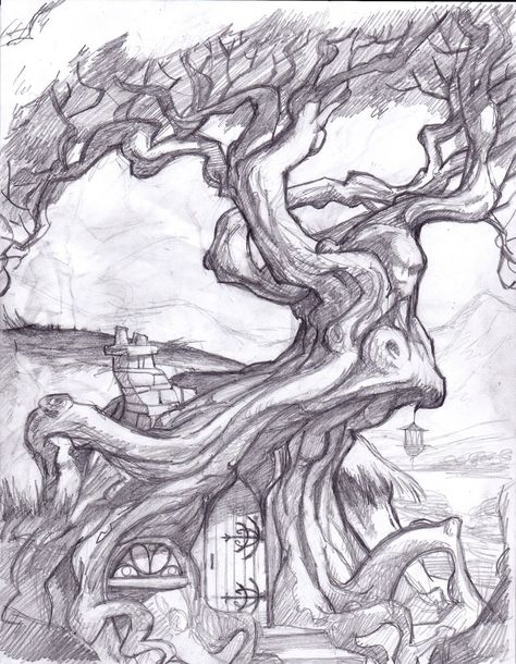 Fantasy Drawing Ideas, Fantasy Tree Drawing, Drawings In Pencil, Landscape Pencil Drawings, Fantasy Tree, Trippy Drawings, Tree Sketches, Fantasy Drawings, Drawing Faces