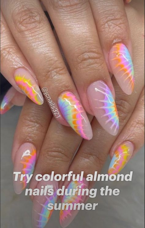 Nail Designs2023 Summer, Nails 2023 Trends Summer Colorful, Almond Festival Nails, Tie Dye Almond Nails, Bright Fun Summer Nails, Summernails Summer Nail Ideas 2023, Almond Nails Designs Summer 2023, Summer Gel Nails Ideas Almond, Trending Summer Nails Almond