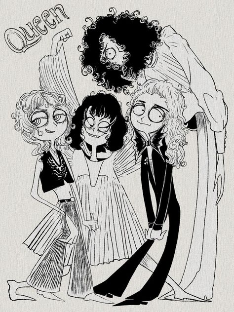 Queen Drawing Band, Tim Burton Dibujos, Tim Burton Art Style Drawings, Queen Fanart, Queen Humor, Queen Drawing, Queen Ii, Tim Burton Style, Arte Grunge