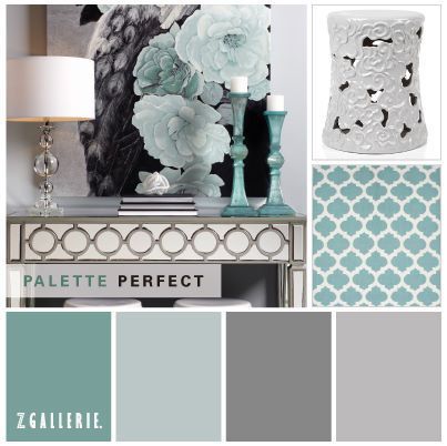 Benjamin Moore paint colors from left to right: Azure Water, Wales Gray, Gunmetal and Coventry Gray (on the walls). Teal And Gray, Paint Colors Benjamin Moore, Interior Painting, Design Seeds, Teal And Grey, Living Room Colors, Stylish Home Decor, Living Room Grey, Bedroom Colors