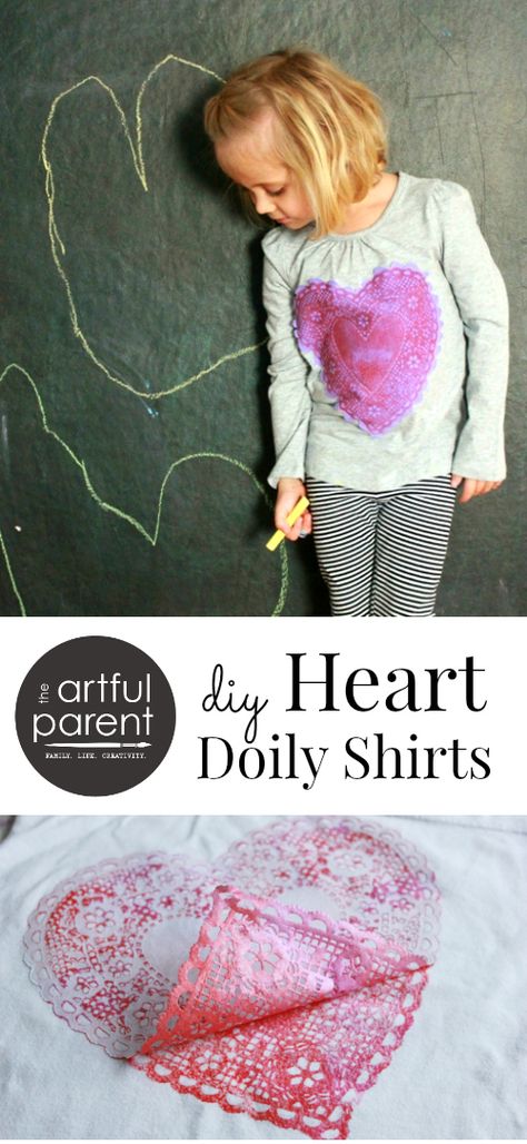 DIY Heart Shirts for Valentines Day Made with Printed Heart Doilies Heart Doilies, Vday Decor, Mops Crafts, Printmaking Projects, Valentines Day Ideas, Applique Sewing, Uniform Ideas, Rules For Kids, Valentine Embroidery