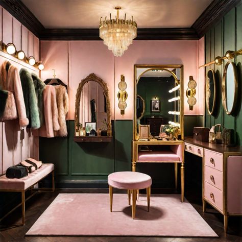 See what I created with Hotpot.ai: A dressing room with a vanity, hobbit style, light pink, green, and gold tones with dark wood, gallery wall Dark Green Dressing Room, Moody Dressing Room, Green Dressing Room, Dark Dressing Room, Pink Dressing Room, Wood Gallery Wall, Hobbit Style, Vintage Dressing Rooms, Green Dressing