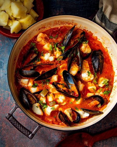 Portuguese Seafood Stew Recipe | Saveur Portuguese Beef Stew, Portuguese Seafood Stew Recipe, Seafood Stew Recipes, Coffee Cake Recipes Easy, Canning Whole Tomatoes, Portuguese Cuisine, Tomato Broth, Fish Stew, Seafood Stew