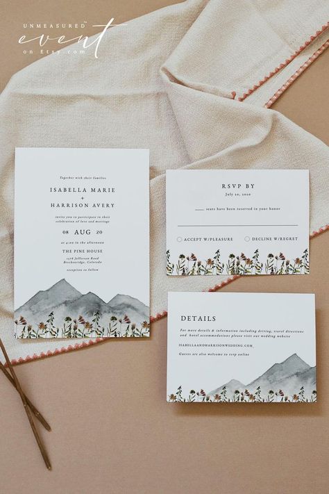 HEIDI Mountain Wedding Invitation Template Suite Wildflower | Etsy Mountain Wedding Invitation, Handwritten Wedding, Mountain Wedding Invitations, Wildflower Wedding Invitations, Bohemian Wedding Invitations, Modern Layout, Wedding Invitation Kits, Wedding Invitations Boho, Invitation Kits